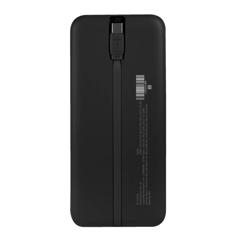 POWER BANK 10,000 MAH CARGA RAPIDA 22.5W CON CABLE USB-C INTEGRADO, BOLT NEGRO PERFECT CHOICE
