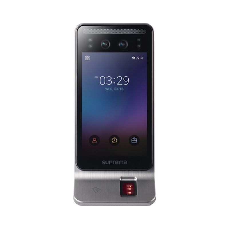 Lector Multitecnologia con detector de cubrebocas Reconocimiento Facial Huella Tarjeta Móvil y lector de RFID125kHz EM  1356 Mhz MIFARE  Compatible con BioStar2  Uso para Control de Acceso y Asistencia