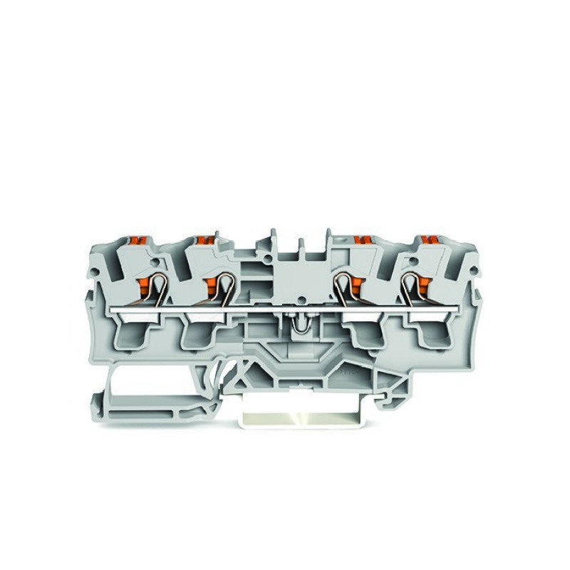 Borna de paso para 4 conductores con tecla 4 mm con orificio de prueba Marcaje lateral y central para carril DIN 35 x 15 y 35 x 75 Pushin CAGE CLAMP 400 mm gris