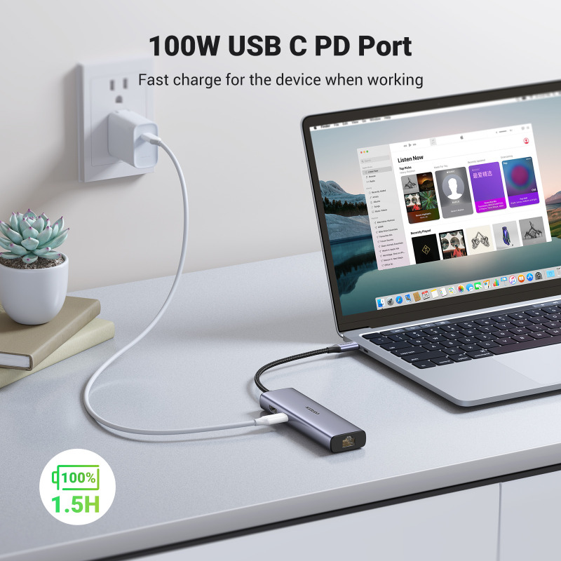 HUB USB-C (Docking Station) 10 en 1 / 3 USB-A 3.0 (5Gbps) / USB-C PD Carga 100W / RJ45 (Gigabit Ethernet) / HDMI 2.0 4K@30Hz / VGA 1080P@60Hz / Lector de Tarjetas SD y MicroSD (TF) / Entrada Aux. 3.5mm / Carcasa de Aluminio. image 4