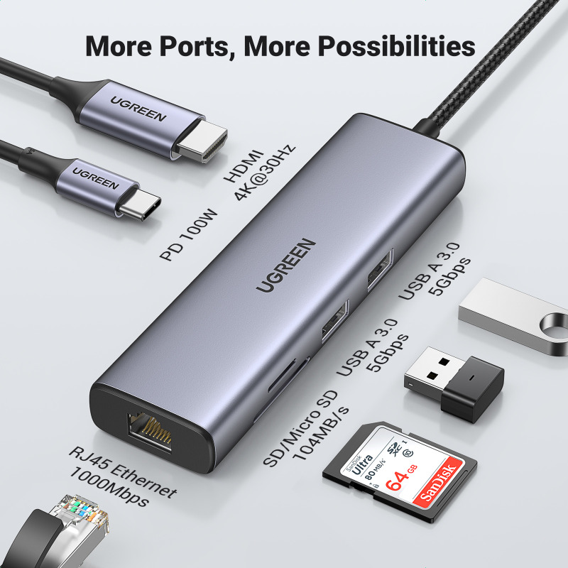 HUB USB-C (Docking Station) 10 en 1 / 3 USB-A 3.0 (5Gbps) / USB-C PD Carga 100W / RJ45 (Gigabit Ethernet) / HDMI 2.0 4K@30Hz / VGA 1080P@60Hz / Lector de Tarjetas SD y MicroSD (TF) / Entrada Aux. 3.5mm / Carcasa de Aluminio. image 8
