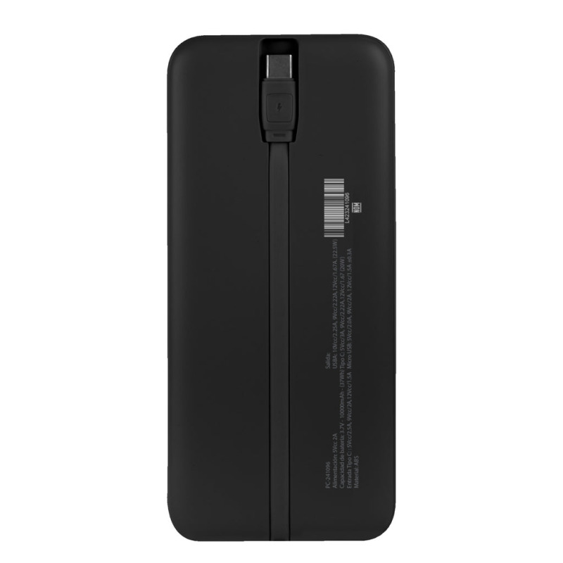 POWER BANK 10,000 MAH CARGA RAPIDA 22.5W CON CABLE USB-C INTEGRADO, BOLT NEGRO PERFECT CHOICE image 2