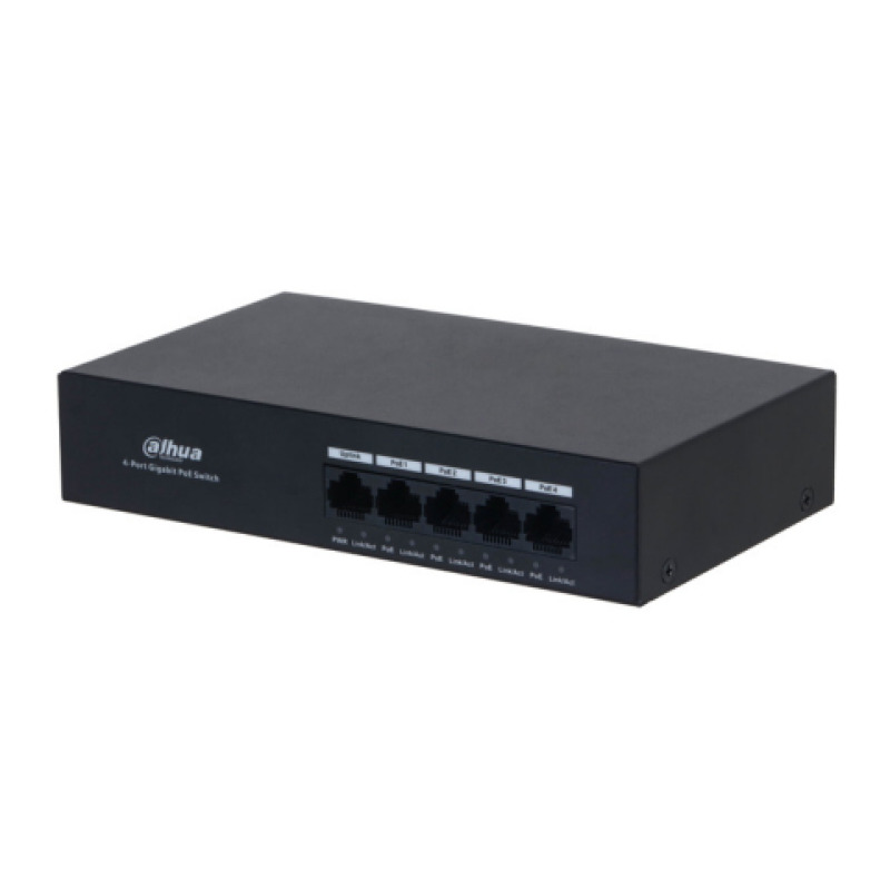 DAHUA DH-PFS3005-4GT-36 - Switch con 4 puertos Gigabit PoE y 1 puerto RJ45 10/100/1000 Mbps. Ofrece protección contra descargas eléctricas, ideal para alimentar dispositivos IP. Incluye fuente de poder integrada.
