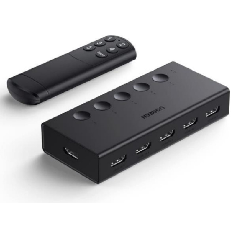 Conmutador HDMI 5X1 | 4K60Hz | HDMI 20 14 |  HDCP 22 14 | VRR | Dynamic HDR | 3D | CEC | EDID | IR 10m | 18Gbps | Cambio Manual y por Control Remoto |  Incluye Cable de Alimentación USB
