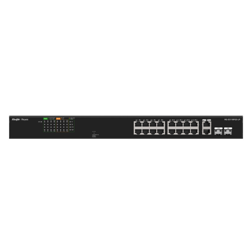 Switch PoE No Administrable Ideal para CCTV 16 Puertos 10/100 2 Uplinks Gigabit y 2 SFP Carcasa Metálica