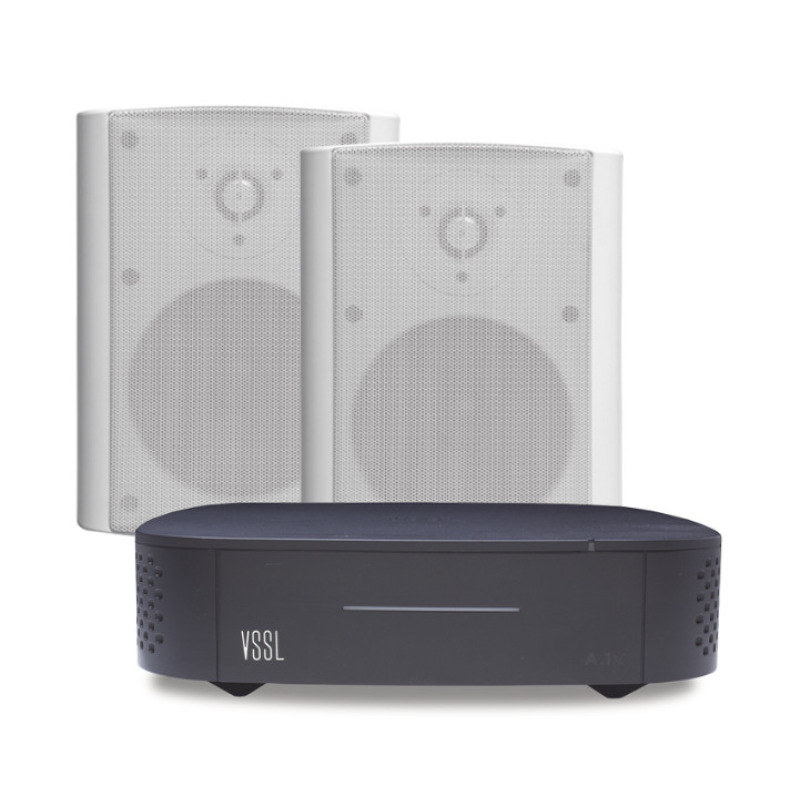 KIT Amplificador VSSL A1X | 2 Bocinas para Montaje Superficial de 525 in de TruAudio Modelo OL5WT | Color Blanco IP66