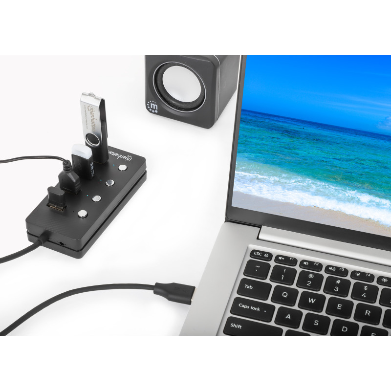 Hub USB Manhattan USB A 3.2 con 4 Puertos USB A 5Gbps SuperVelocidad cable integrado de 1.5m interruptor de encendido/apagado para cada puerto image 6