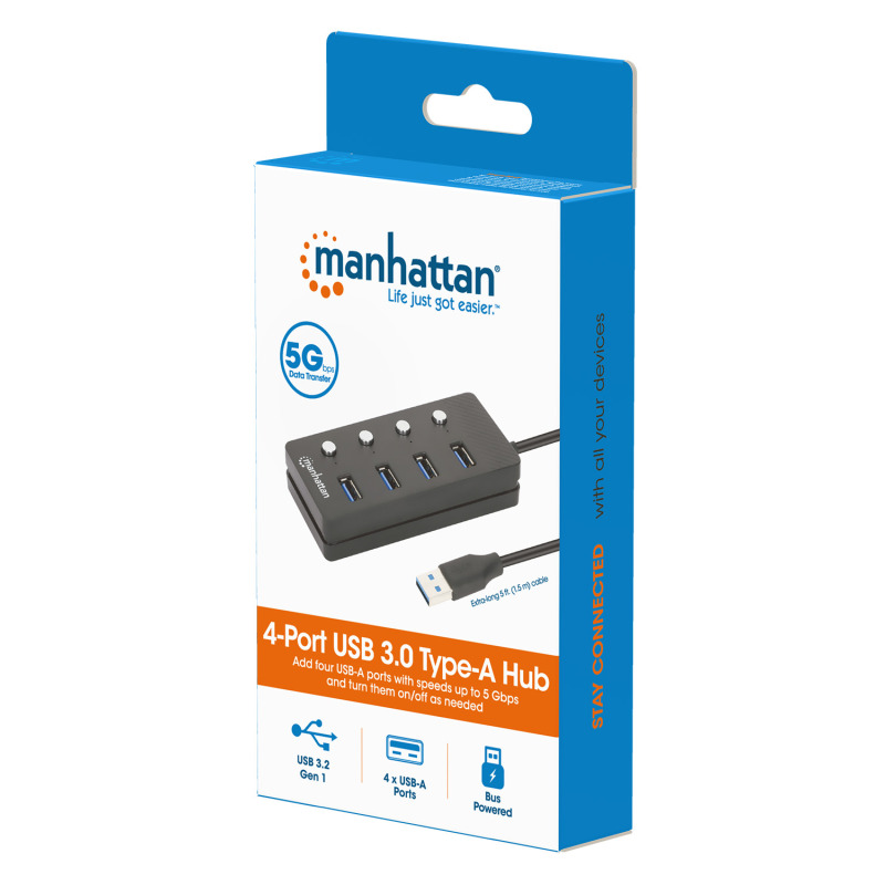 Hub USB Manhattan USB A 3.2 con 4 Puertos USB A 5Gbps SuperVelocidad cable integrado de 1.5m interruptor de encendido/apagado para cada puerto image 7