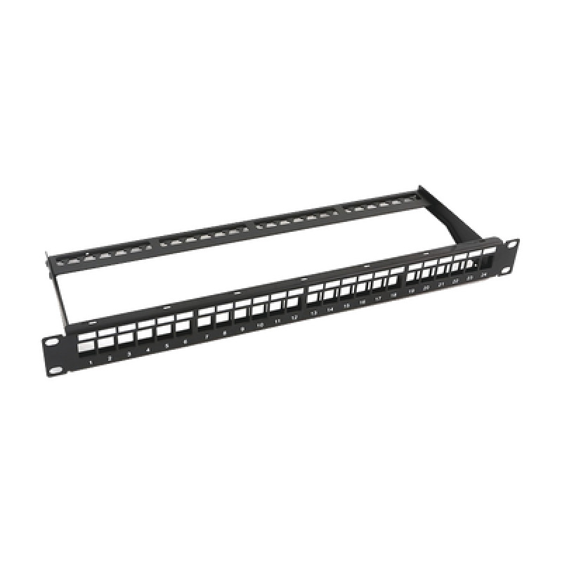 Patch panel modular sin blindaje de 24 puertos 1U con barra para organizar cable