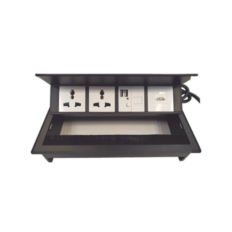 Caja Horizontal tipo Hub para escritorio color negro con 1 Puerto HDMI HembraHembra 1 puerto RJ45 Cat6  2 Puertos USB Solo carga  y 2 Contactos eléctricos universales