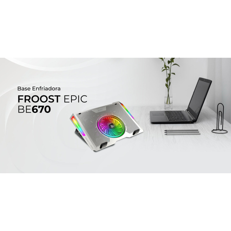 BASE ENFRIADORA FROOST EPIC BE670 / ALTURA AJUSTABLE 5 NIVELES / LAPTOP DE 15.6 PULG / 5 VENTILADORES / 10 MODOS DE ILUMINACION / CONTROL DE VELOCIDAD / ALUMINIO / AC-940764
