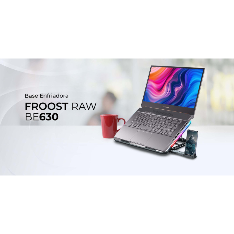 Base Enfriadora para Laptop 15.6 Froost Raw BE630 6xVentiladores 60mm Soporte para celular  2xUSB 7 Niveles de Ajuste RGB Advanced Aluminio image 4