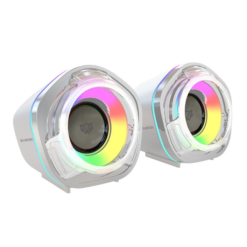Bocinas Balam Rush Glimm Penta BG545 Blanco Bluetooth 5.0 USB A Sonido Estereo 2.0 Canales 6W RGB Azender