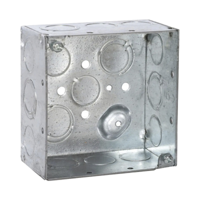 Caja Cuadrada Galvanizada  de 4 x 4 profundidad de 2 1/8 Cuenta con 10 KO de 1/2 y 6 TKO 1/2  3/4