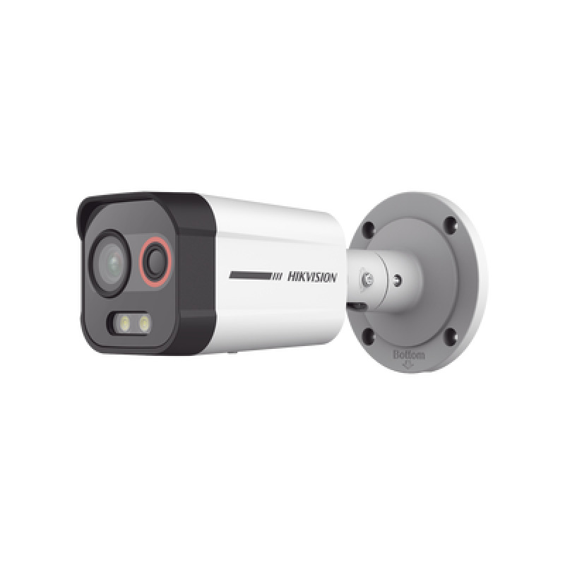 Bala IP Dual / Térmica 13 mm 96 x 72 / Óptico 4 mm 4 Megapixel / Detección de Excepciones de Temperatura 30 mts /30 mts Luz Blanca / Exterior IP67 / PoE / Sirena y Luz Intermitente Integrada / Micro SD / ColorVu y ACUSENSE