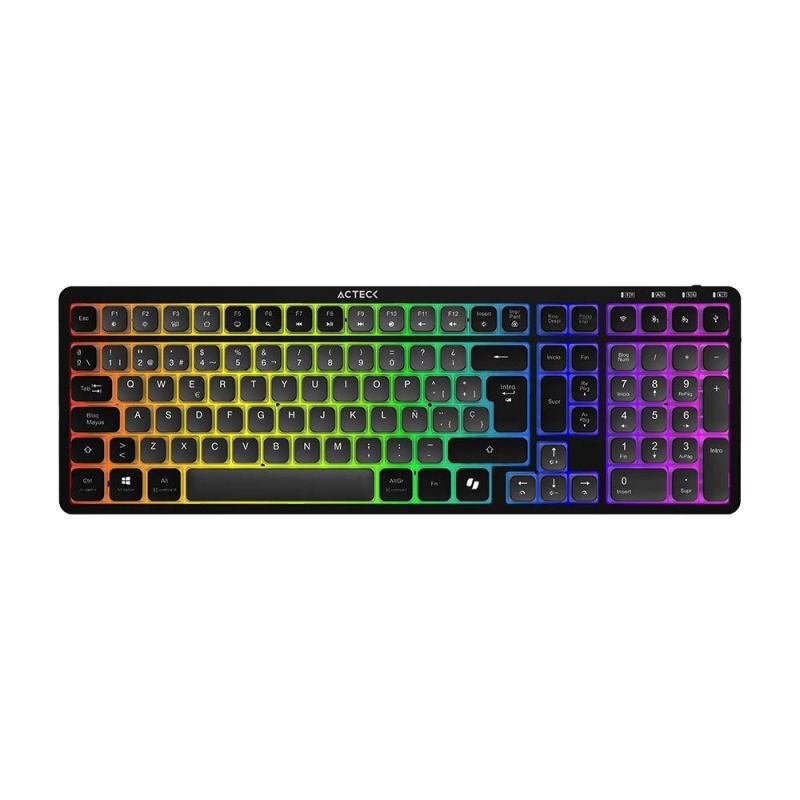 TECLADO ACTECK TECHNO PRO TI790 / MULTIDISPOSITIVO INALAMBRICO DUAL / 108 TECLAS / USB - 2 BT - 2.4 GHZ / MECANICO / MULTIMEDIA / ILUMINACION RGB / RECARGABLE / WIN + MAC / NEGRO / AC-940061