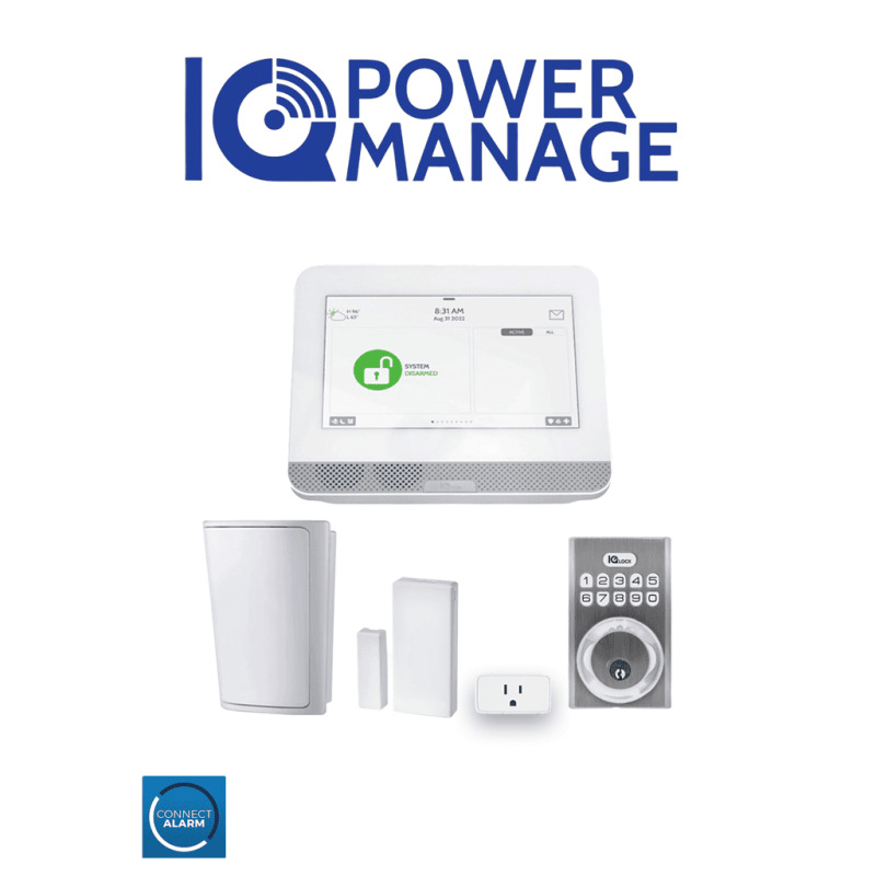 QOLSYS IQ4 HUB POWER MANAGE Automation KIT - Paquete que contiene Sistema IQ 4 HUB POWER MANAGE, con pantalla táctil de 7",  1 sensor PIR inalámbrico PG9914, 1 sensor magnético inalámbricos PG9303, 1 enchufe inteligente y una cerradura Power G  