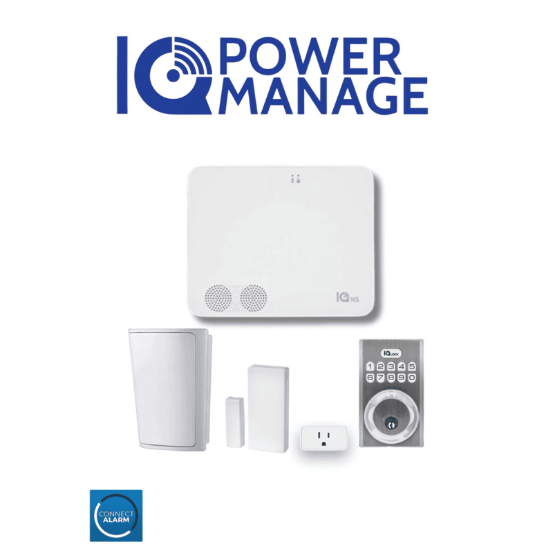 QOLSYS IQ4 NS POWER MANAGE Automation KIT - Paquete que contiene Sistema IQ 4 NS POWER MANAGE, 1 sensor PIR inalámbrico PG9914, 1 sensor magnético inalámbrico PG9303, 1 enchufe inteligente y una cerradura power G  