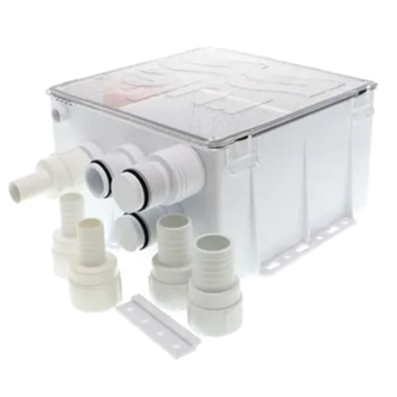 Sistema de desagüe para duchas con bomba de achique de 800 galones por hora a 24 Volts de corriente directa e interruptor de flotación