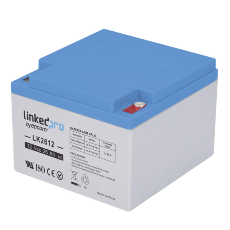 Batería 12 Vcc / 26 Ah / UL / Tecnología AGMVRLA / Vida útil promedio de 5 años /Para uso en equipo electrónico Alarmas de Intrusión / Incendio/ Control de acceso / Video Vigilancia / Terminales M5