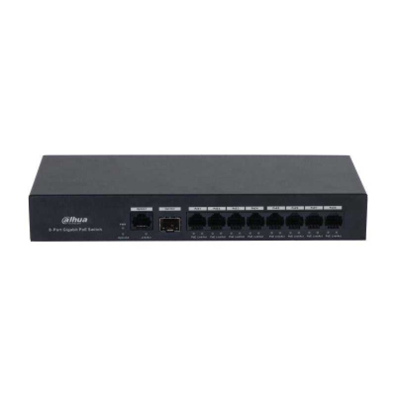 DAHUA DH-PFS3110-8GT-65 - Switch PoE inteligente con 8 puertos Gigabit, 60W de potencia total y switching de 20 Gbps. Ideal para alimentar y conectar dispositivos IP con protección contra descargas eléctricas.