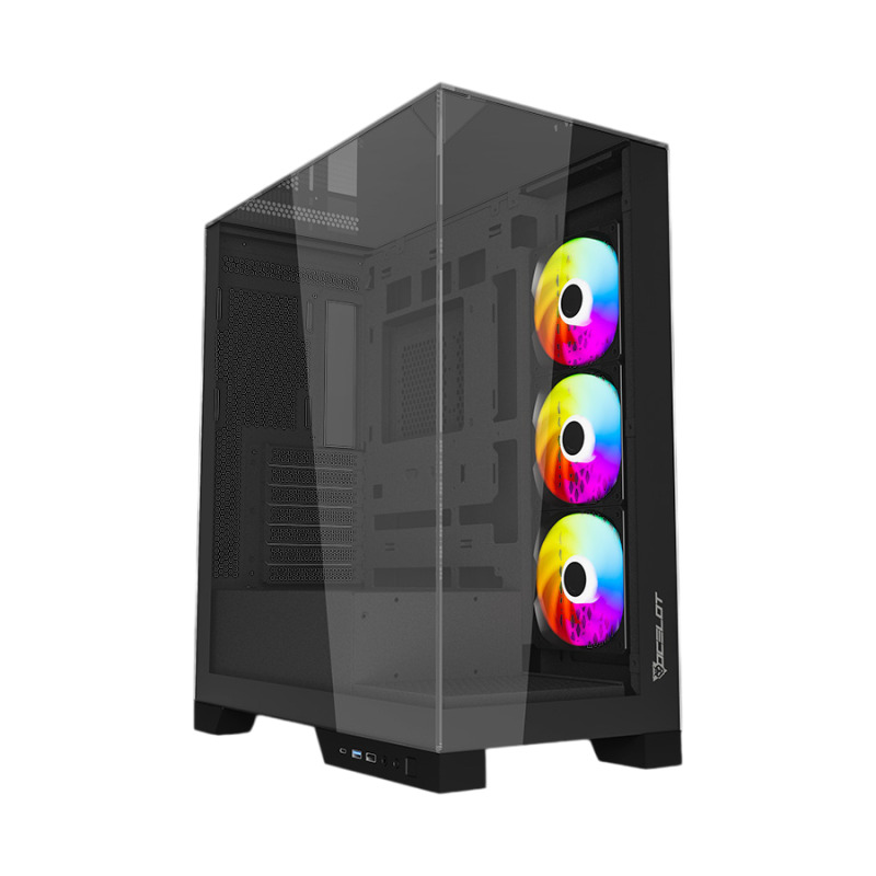 GABINETE OCELOT GAMING GLASS HUNTER 3 / MINI TOWER /ATX, M-ATX, ITX LISTO PARA MB BTF / PANEL LATERAL, FRONTAL Y SUPERIOR DE CRISTAL TEMPLADO/ INCLUYE 3 VENTILADORES / ENFRIAMIENTO LIQUIDO HASTA 3600MM / GPU HASTA 400MM / COLOR NEGRO