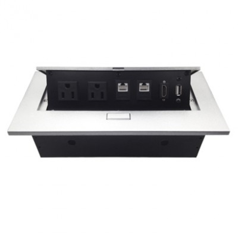 CAJA BROBOTIX PARA MESA HDMI X1, USB X1, CORRIENTE X2, RJ45 CAT6 X2, PLATA