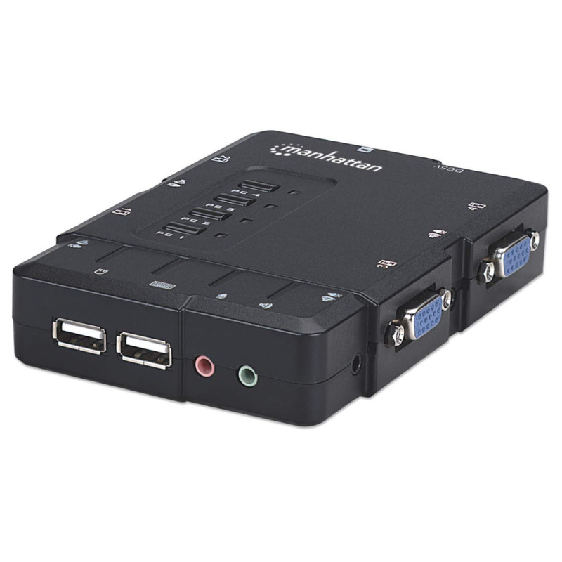 MANHATTAN 151269   - Mini Switch KVM Compacto de 4 Puertos/ Maneje/Controle 4 computadoras USB desde un Solo Teclado, Monitor y Ratón/ Conmutación de Audio y Micrófono/ Selección del Canal a Través de Botones y Teclas Definidas/ 