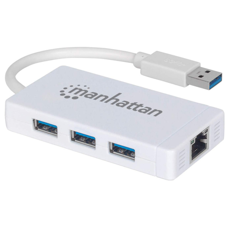 MANHATTAN 507578 - HUB USB 3.0 / 3 puertos / Adaptador Gigabit Ethernet / 5Gbps / Un puerto 10/100/1000 Mbps para UltraBook™ y Macbook®