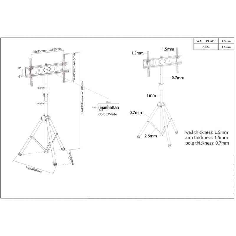 MANHATTAN 461412- Soporte de Piso para Pantallas de 37 a 70 Pulgadas/ 35 Kg de Carga/ Trípode con Ajuste de Altura de 1.24 a 1.88 Mts/ Ajuste de Inclinación/ VESA 200/ 400x200/ 300/ 400/ 600x400/ image 12