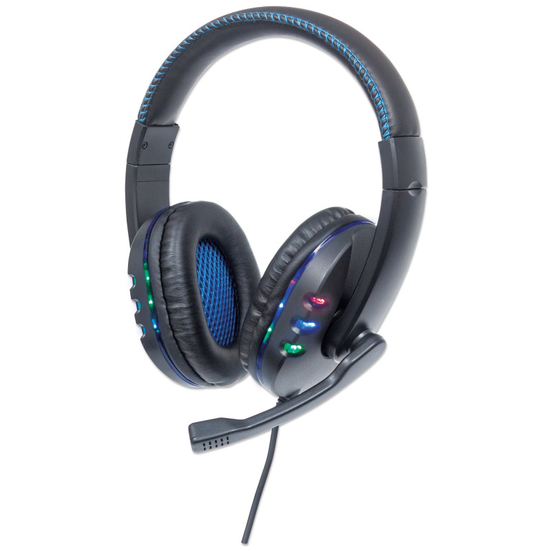 MANHATTAN 176088 - Audífonos USB para videojuegos, con luces LED Para PC, PS3 y PS4, micrófono retráctil integrado, función de control de audio, cable USB de 1,8 m integrado, color negro y azul