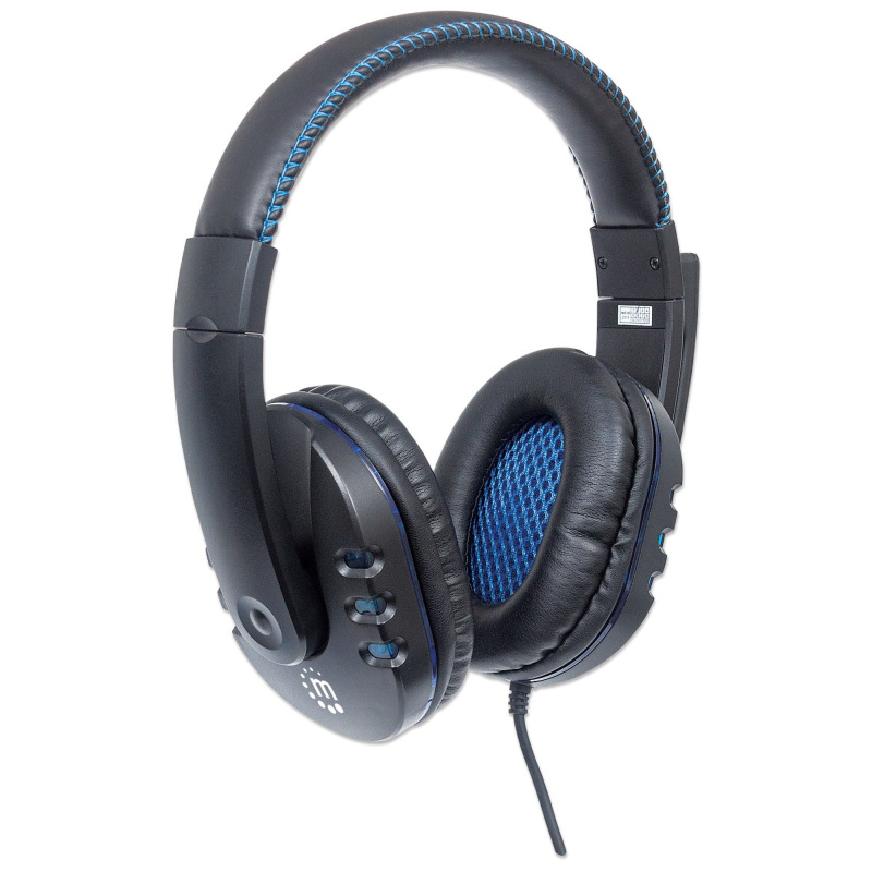 MANHATTAN 176088 - Audífonos USB para videojuegos, con luces LED Para PC, PS3 y PS4, micrófono retráctil integrado, función de control de audio, cable USB de 1,8 m integrado, color negro y azul image 6