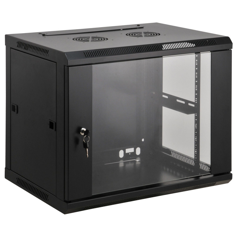 INTELLINET  711753 - Gabinete mural de 19" / 6UR / Ensamblado / Color Negro /Carga máxima de 60 KG  / Para montaje en rack de 19" / Puerta de cristal templado / Apertura de puerta 180° (Sobre Pedido)