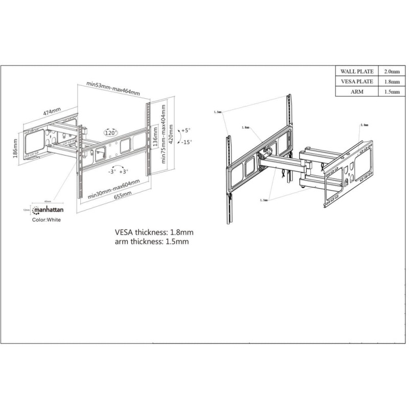 MANHATTAN 461351 Soporte Universal de Pared para TV, con Movimiento Completo, Básico / Soporta una TV de pantalla plana o curva de 37 a 70" de hasta 40 kg (88 lbs.); Opciones de ajuste de inclinación, giro y nivel; Negro image 7
