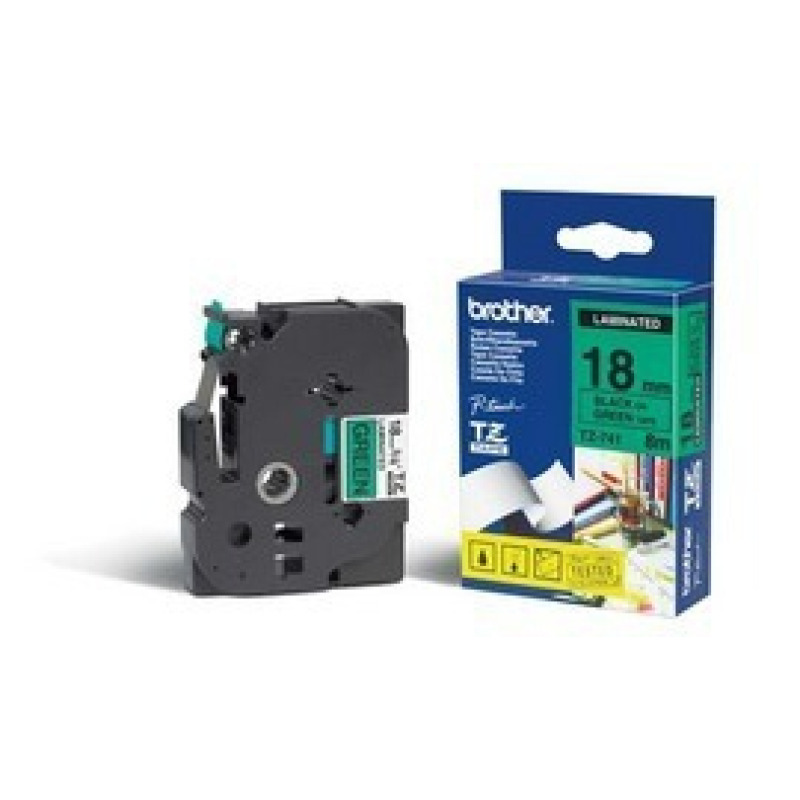 CINTA BROTHER LAMINADA TZE741 NEGRO SOBRE VERDE DE 18MM  PARA PT-9800PCN, PT-D400,PT-D600