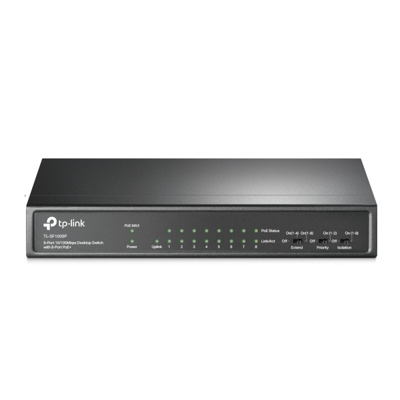 Switch PoE No Administrable / De Escritorio 9 puertos 10/100 Mbps / 8 puertos PoE af/at Inteligente / Presupuesto 65 W / Hasta 250 metros