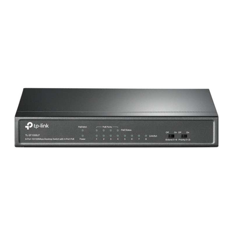 Switch PoE No Administrable de Escritorio / 8 puertos 10/100 Mbps / 4 puertos PoE af / Presupuesto 41 W / Modo extensor PoE hasta 250 metros / Calidad video prioritaria