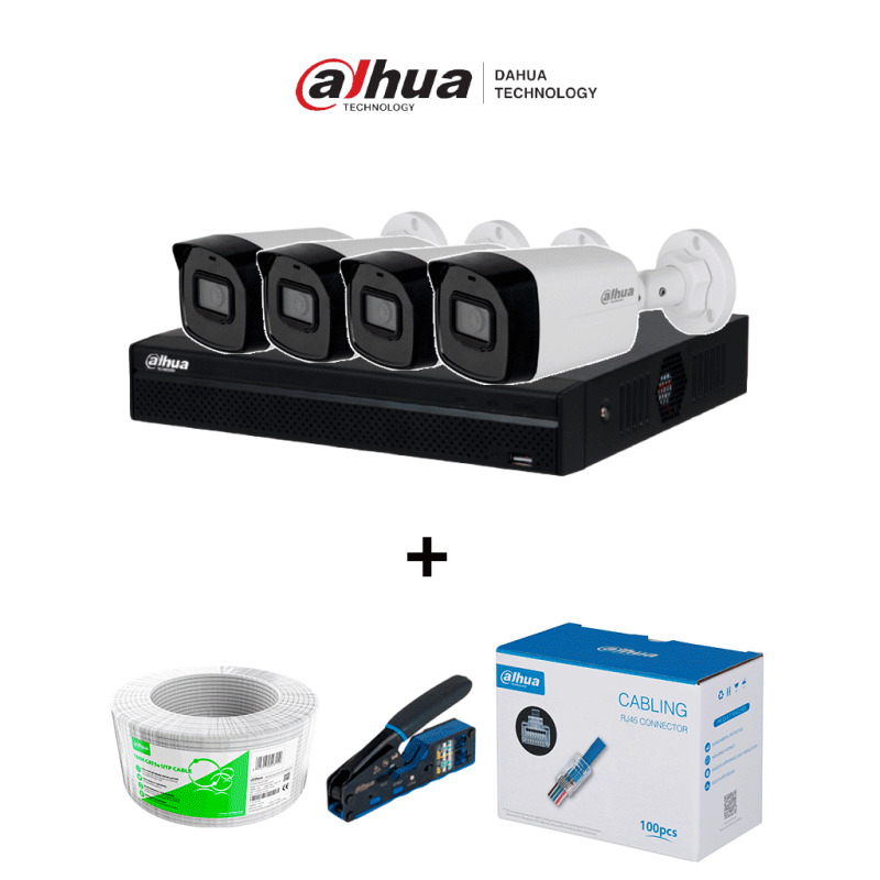 Bundle NVR+2BulletIP -Compra 1 NVR NVR1104HS-P-S3 de 4 Canales y llévate mas 1cámara IPC-B1E20  / Bobina de 100 metros/ Caja con 100 Plugs/ Pinza de corte  de Plugs/*No incluye disco duro/ #MiPrimerIP