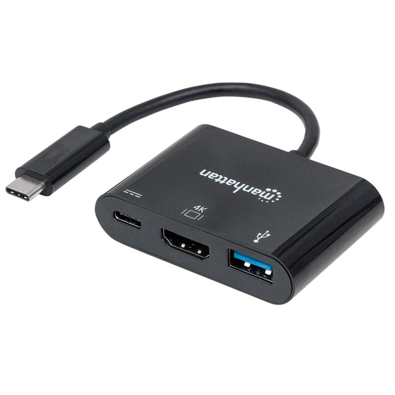 MANHATTAN 152037 - Estación Docking  HDMI Convertidor USB Tipo-C SuperSpeed, USB 3.1 Tipo-C Macho a HDMI, USB Tipo-A y USB Tipo-C Hembras, Convertidor multipuertos, Negro