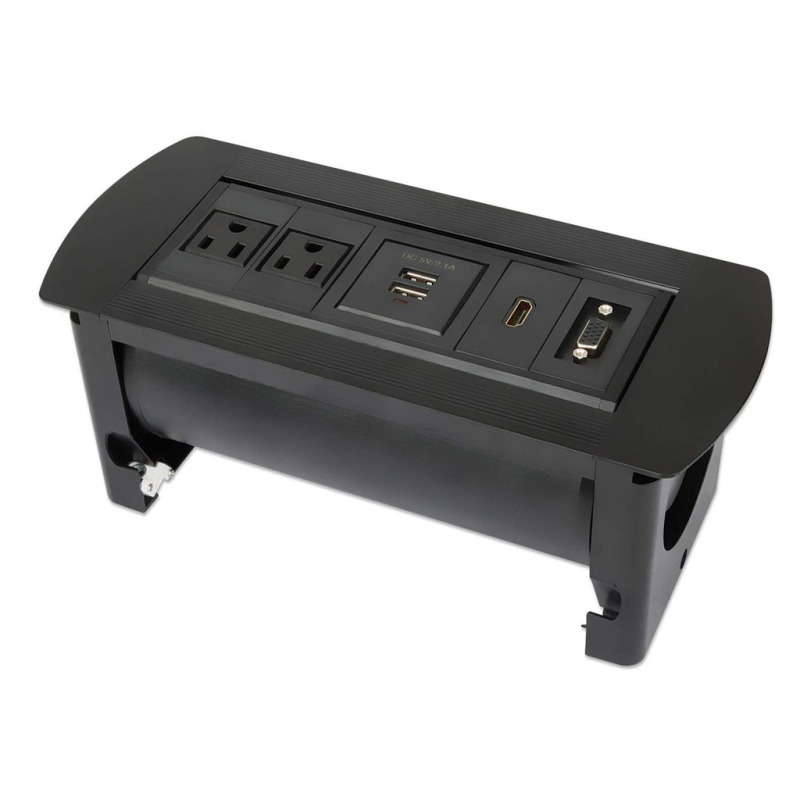 MANHATTAN 164832 - Caja de Conexiones para Escritorio de Apertura Giratoria/ 1 Puerto HDMI con Conexión de Paso/ 2 Contactos Electricos/ 2 puertos USB-A con LED y 1 salida de hasta 2.1A / 5 VDC/ 1 Puerto VGA/  