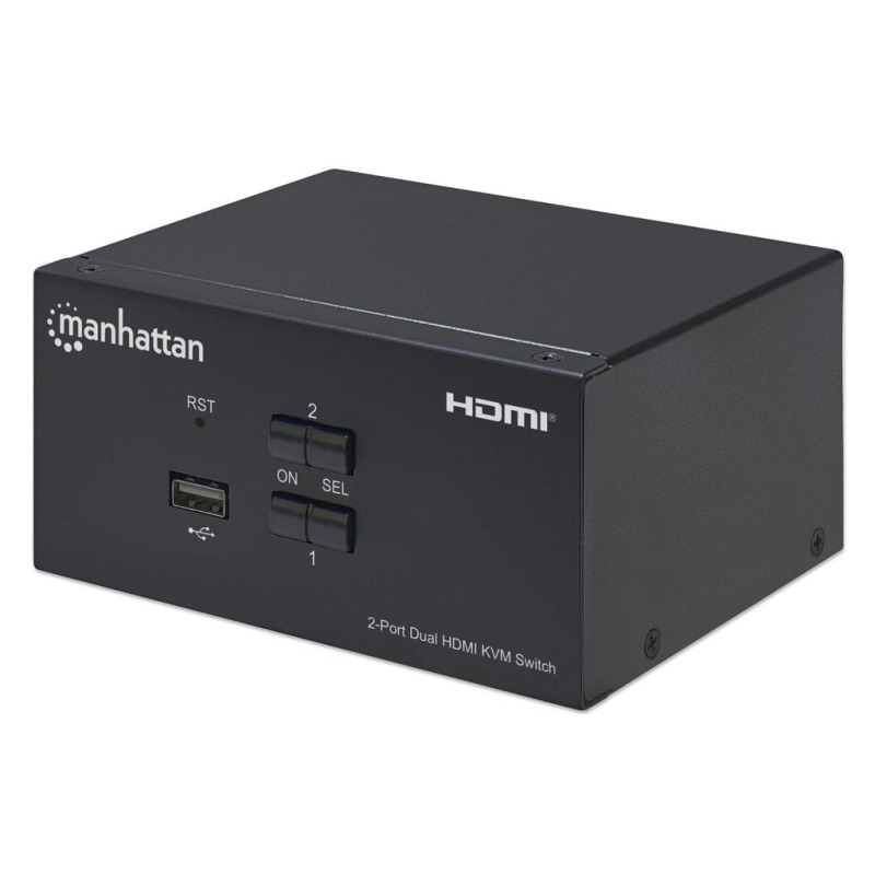 MANHATTAN 153522 - Switch KVM HDMI de 2 puertos para dos monitores / Conexiones HDMI de doble pantalla, 4K@30Hz, conexiones USB, conexiones de audio y micrófono de 3.5 mm, hub USB 2.0, negro