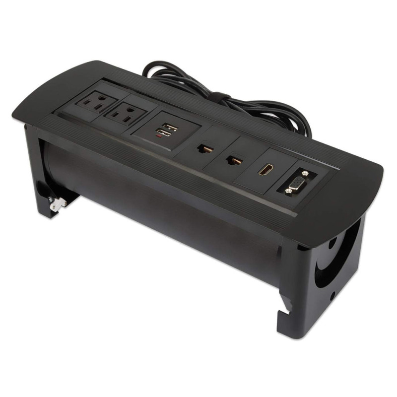 MANHATTAN 164856 - Caja de Conexiones para Escritorio de Apertura Giratoria/ 2 Puertos RJ45/ 1 Puerto HDMI con Conexión de Paso/ 2 Contactos Eléctricos/ 2 puertos USB-A con LED y 1 salida de hasta 2.1A / 5 VDC/ 1 Puerto VGA/