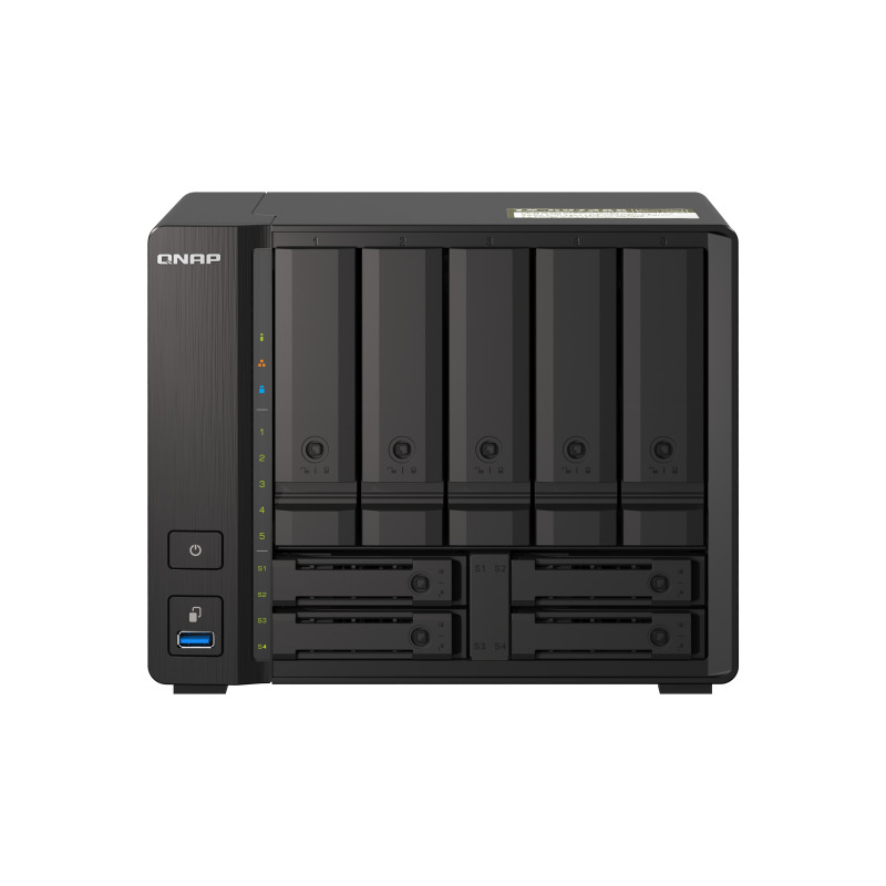 NAS QNAP TS-H973AX-8G/ 9 BAHIAS /5 DE 3,5 4 DE 2,5/NUCLEO CUADRUPLE 2.2GHZ/8GB DDR4 SODIMM HASTA 64GB/2 PTO 2,5 GBE/1 PTO 10 GBE /USB 3.2 X3/ HOTSWAP/ NO INCLUYE DISCOS/ AMD