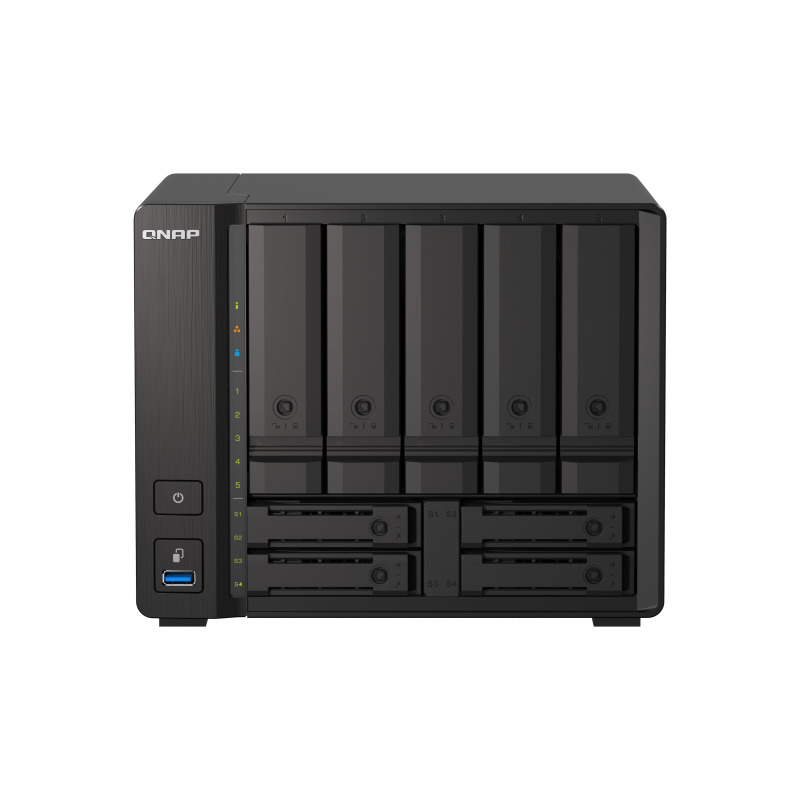 NAS QNAP TS-H973AX-8G/ 9 BAHIAS /5 DE 3,5 4 DE 2,5/NUCLEO CUADRUPLE 2.2GHZ/8GB DDR4 SODIMM HASTA 64GB/2 PTO 2,5 GBE/1 PTO 10 GBE /USB 3.2 X3/ HOTSWAP/ NO INCLUYE DISCOS/ AMD