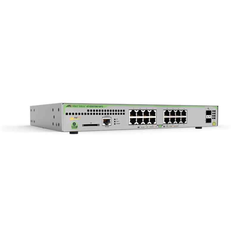 Switch PoE Administrable CentreCOM GS970M Capa 3 de 16 Puertos 10/100/1000 Mbps  2 SFP Gigabit 247 W
