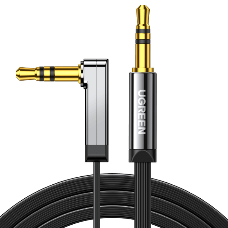 Cable Auxiliar Plano 2 Metros / Conector 35mm a 35mm / MachoMacho / Recto a Angulo / Ángulo de 90 en una de sus Puntas / Color Negro