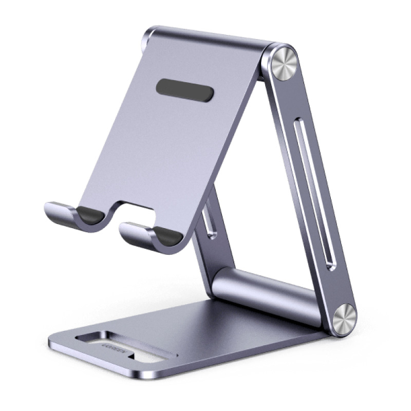 Soporte para Teléfono Celular de Aluminio / Angulo Ajustable / Amplia Compatibilidad con dispositivos de 47 a 79 / Antideslizante / Antiarañazos / Plegable / Color Gris