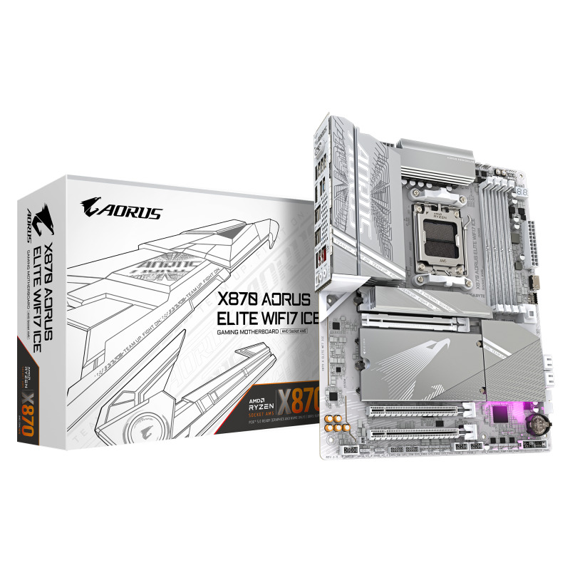 TARJETA MADRE GIGABYTE X870 A ELITE WF7 ICE / SOCKET AM5 / DDR5 X4 8200 MT/S / WIFI 7 / BT 5.4 / PCIE X16 5.0 / M.2 / ATX / GAMER