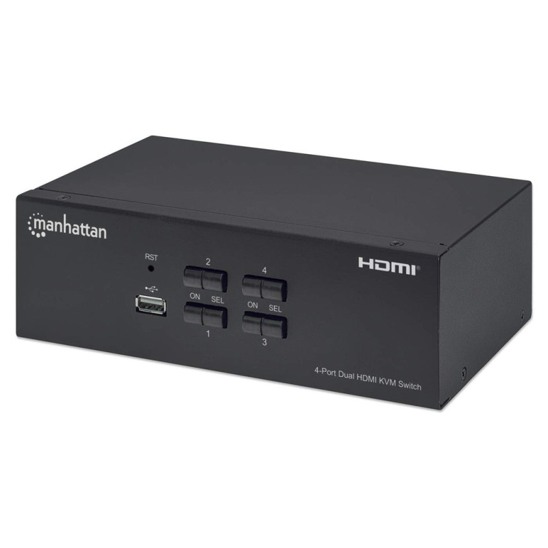 MANHATTAN 153539 - Switch KVM HDMI de 4 puertos para dos monitores / Conexiones HDMI para dos monitores, 4K@30Hz, conexiones USB, conexiones de audio y micrófono de 3.5 mm, hub USB 2.0, negro