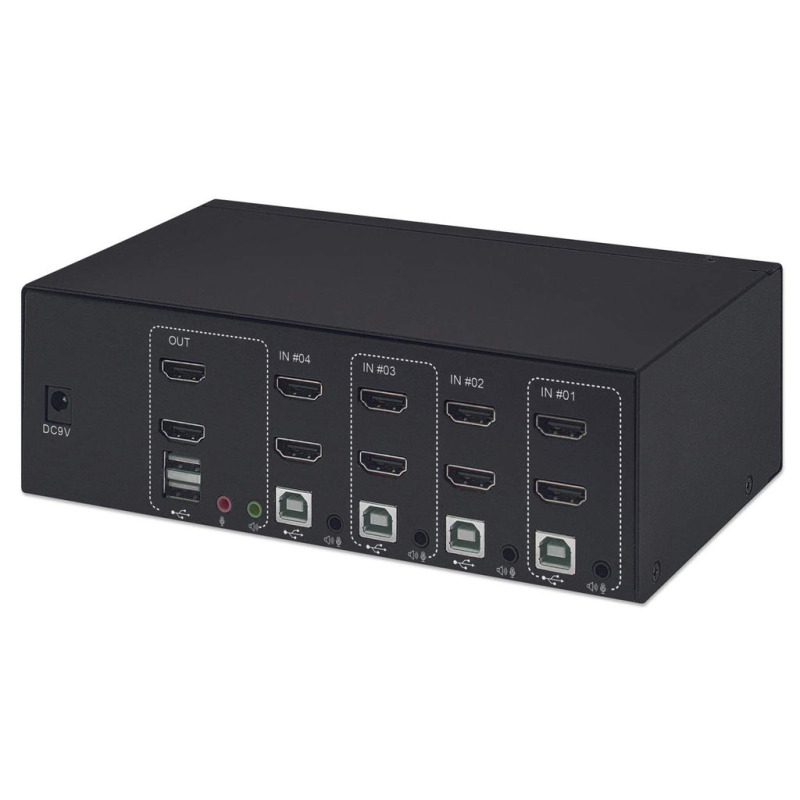 MANHATTAN 153539 - Switch KVM HDMI de 4 puertos para dos monitores / Conexiones HDMI para dos monitores, 4K@30Hz, conexiones USB, conexiones de audio y micrófono de 3.5 mm, hub USB 2.0, negro image 6